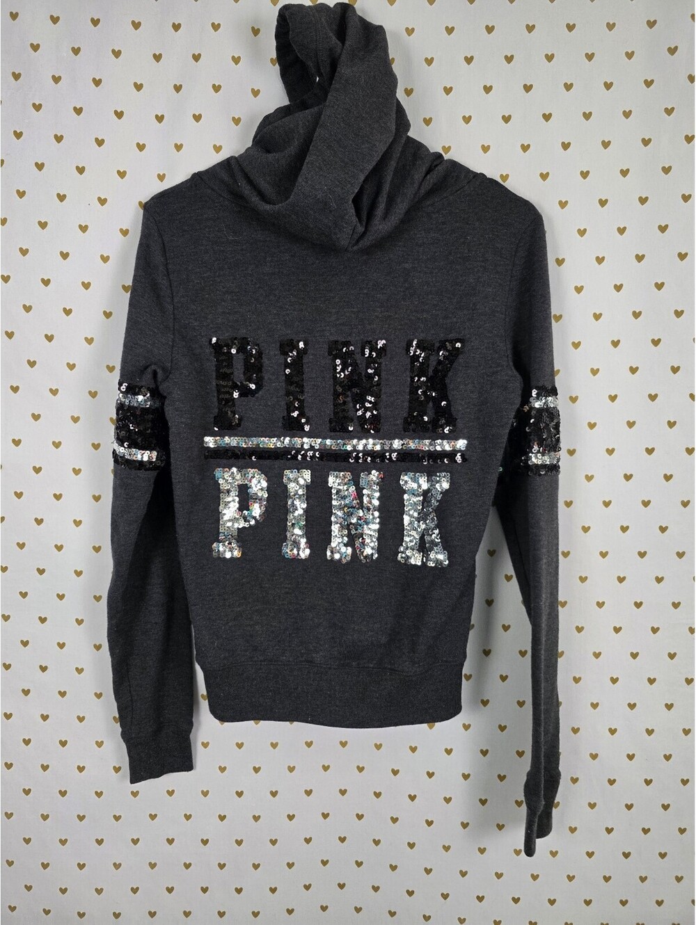 Victorias Secret Pink Bling Sequined Logo Full zip Hoodie Jacket Grey XS